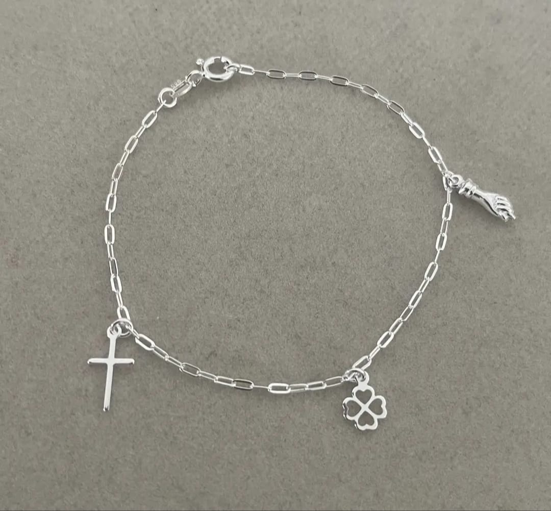 Pulseira trevo, cruz e mão em prata 925